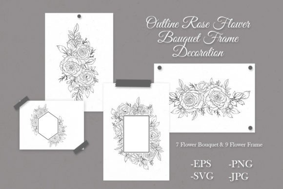 Outline Rose Flower Bouquet Frame Set