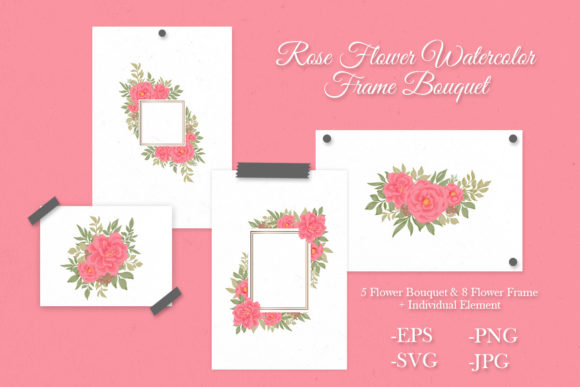 Rose Flower Watercolor Frame Bouquet Set